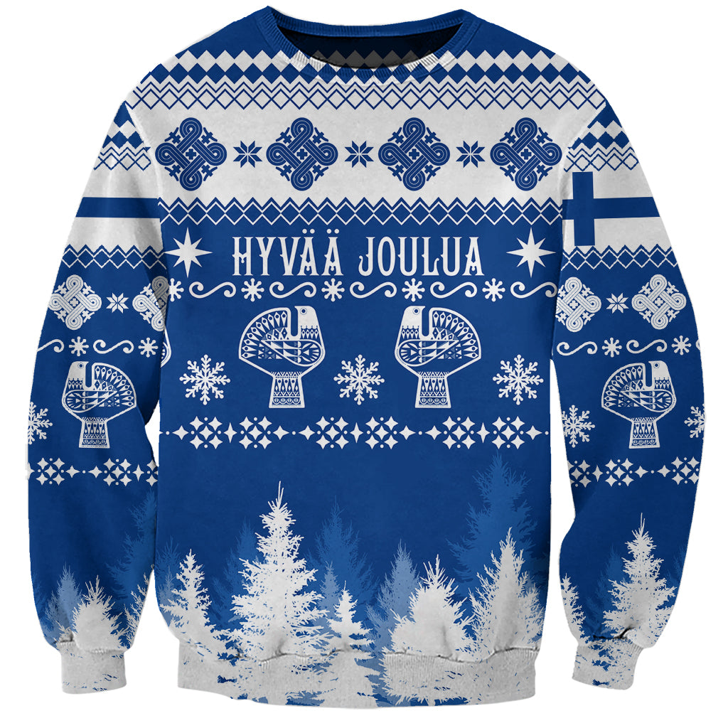 Blue crewneck sweatshirt with snowy forest graphic and 'Hyvaa Joulua' text