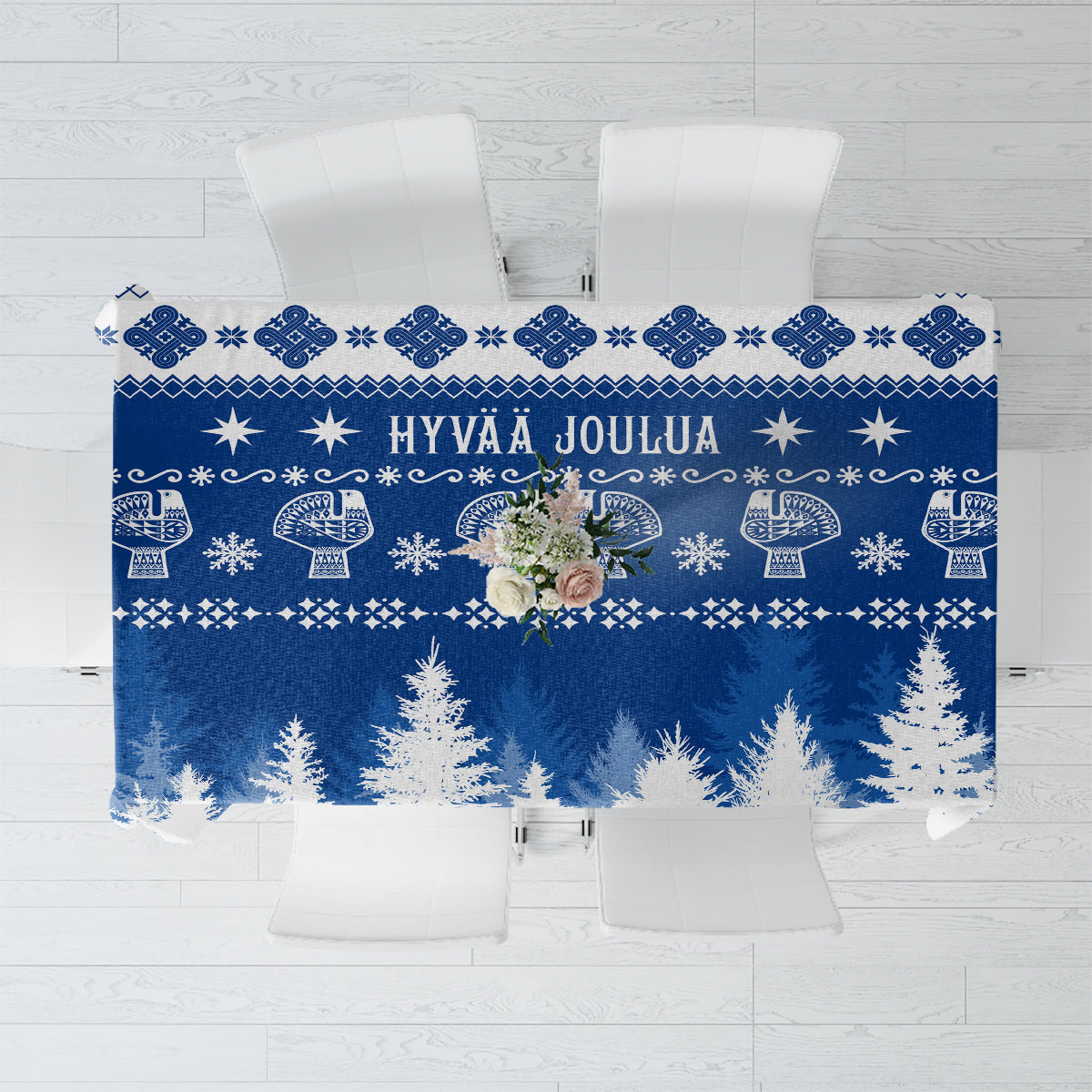 Blue Christmas tablecloth with Finnish knit-style pattern and snowflake border