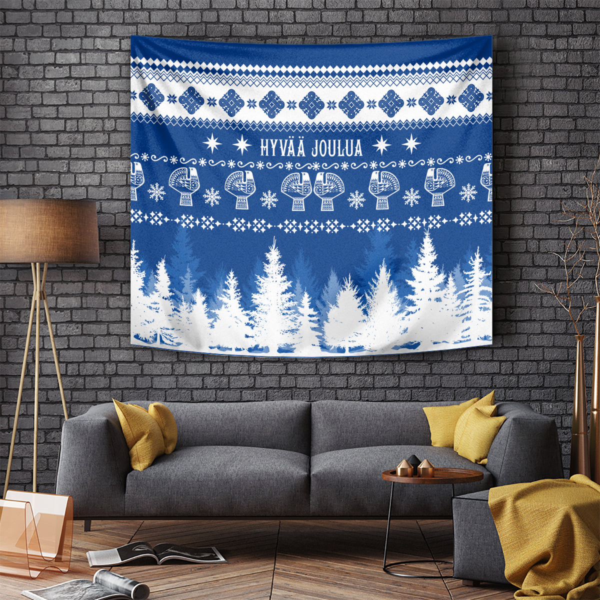 Blue Christmas tapestry with Nordic pattern, Hyvää Joulua, and pine trees