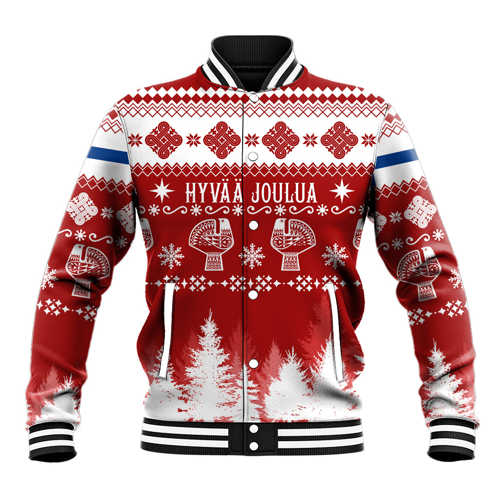 Red holiday baseball jacket with white snowflake and reindeer-style graphic, button front