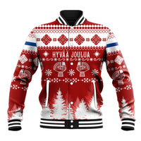 Red holiday baseball jacket with white snowflake and reindeer-style graphic, button front