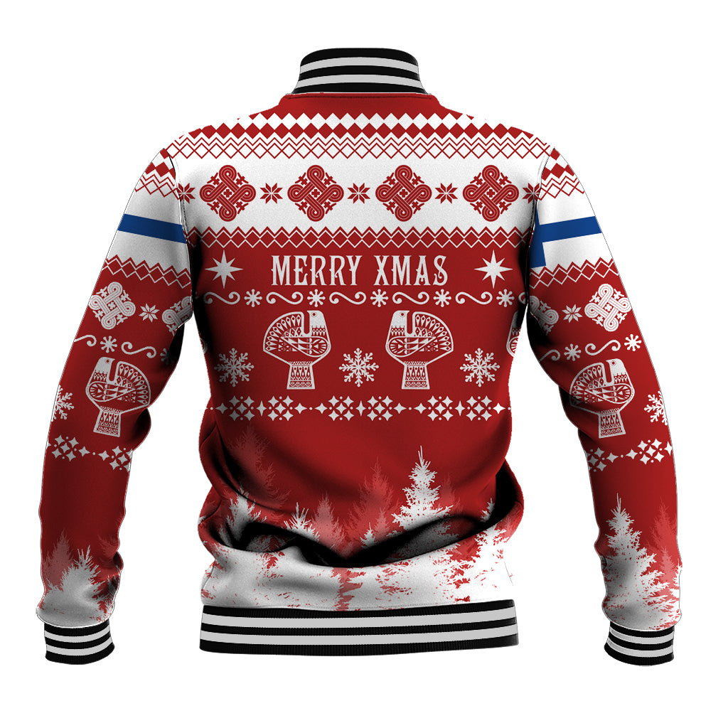 Red holiday baseball jacket, back view with “MERRY YMAS” text and reindeer-style icons