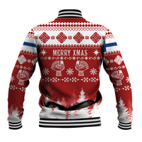 Red holiday baseball jacket, back view with “MERRY YMAS” text and reindeer-style icons