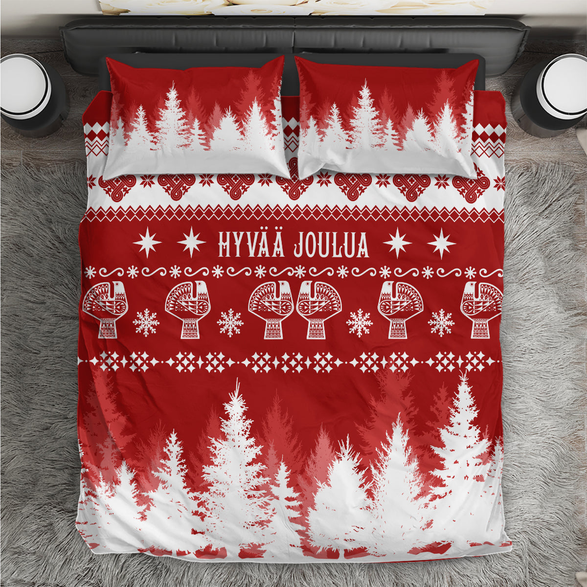 Red Christmas duvet cover set with white trees, snowflakes, and reindeer; 2 pillowcases