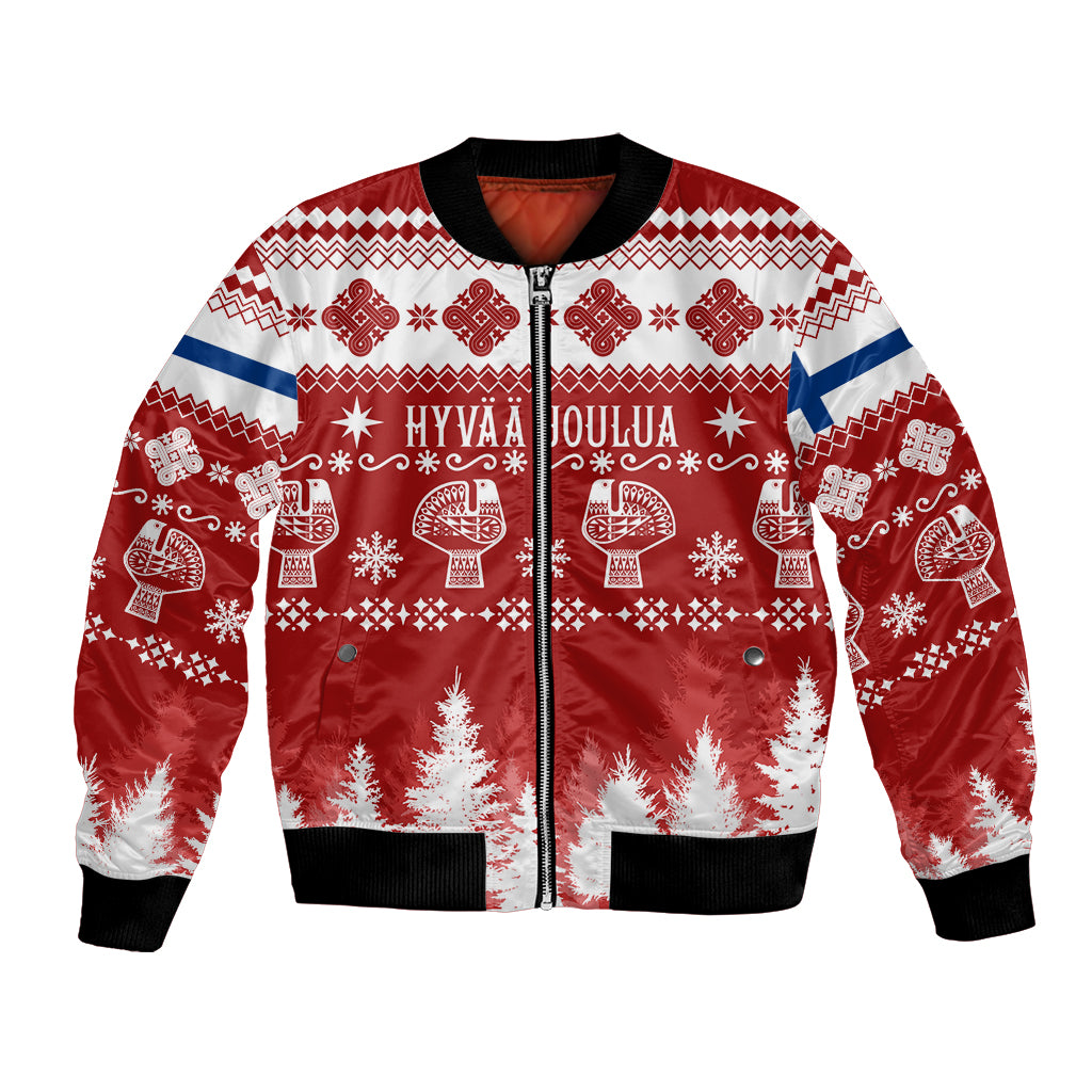 Unisex red bomber jacket with front zipper and festive reindeer and snowflake print