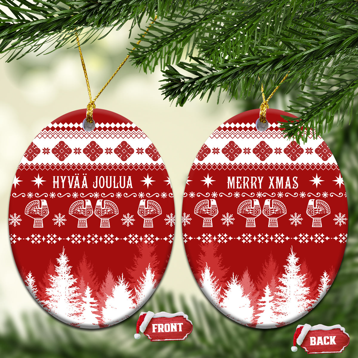 Oval red ceramic Christmas ornament set with Finnish holiday pattern, front and back