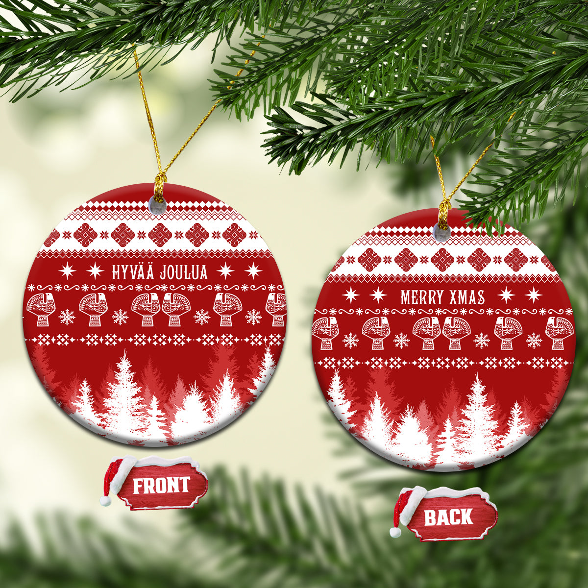 Round red ceramic Christmas ornament with white Finnish pattern, front and back