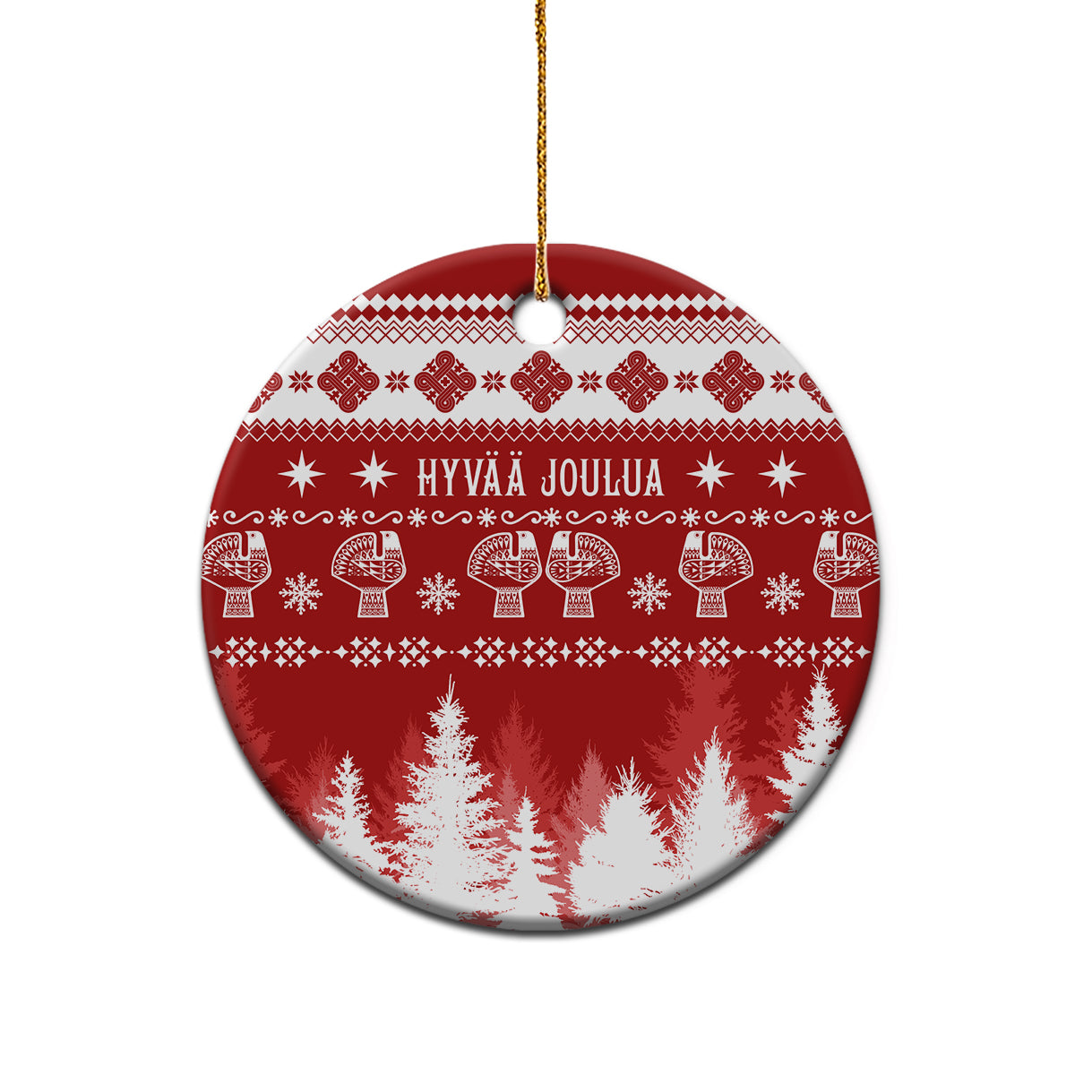Round red ceramic Christmas ornament with white Nordic pattern and snowflakes