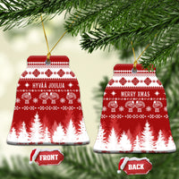 Bell-shaped red ceramic Christmas ornament, front and back with snowflake pattern