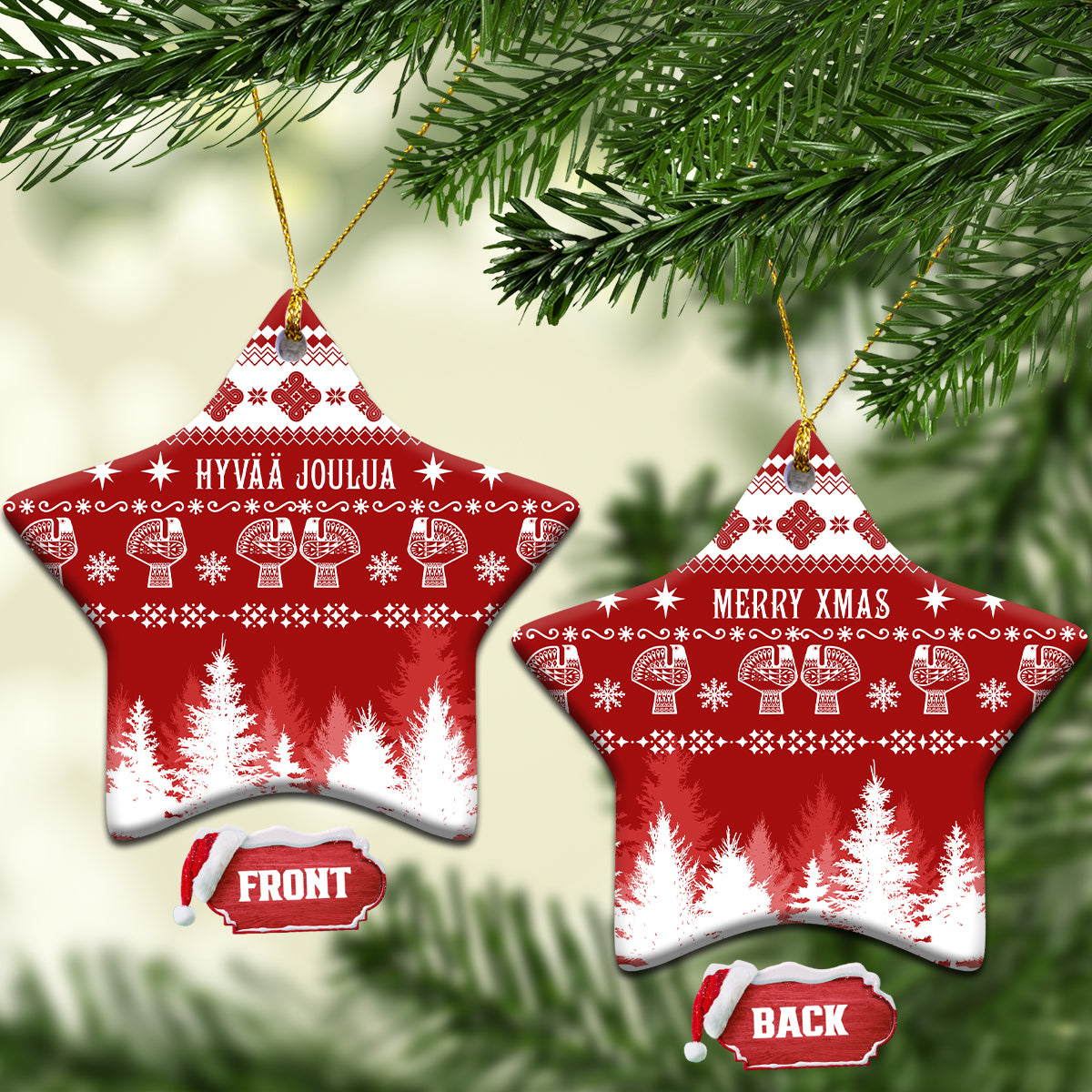 Star ceramic ornament, red Christmas design shown front and back