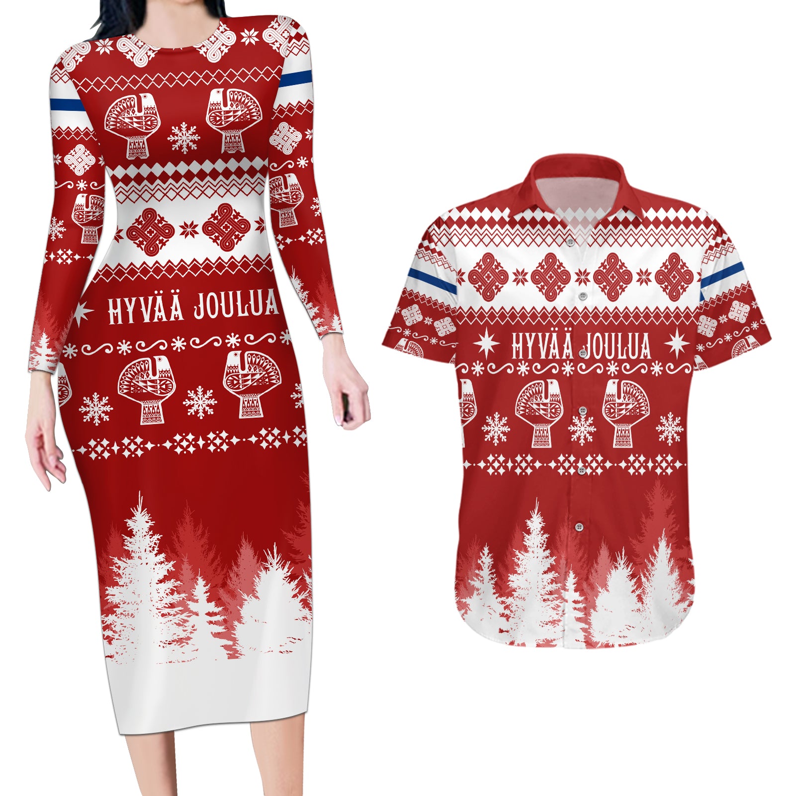 Finland Christmas Hannunvaakuna Tattoo Couples Matching Long Sleeve Bodycon Dress and Hawaiian Shirt Hyvaa Joulua - Red LT7 - Wonder Print Shop