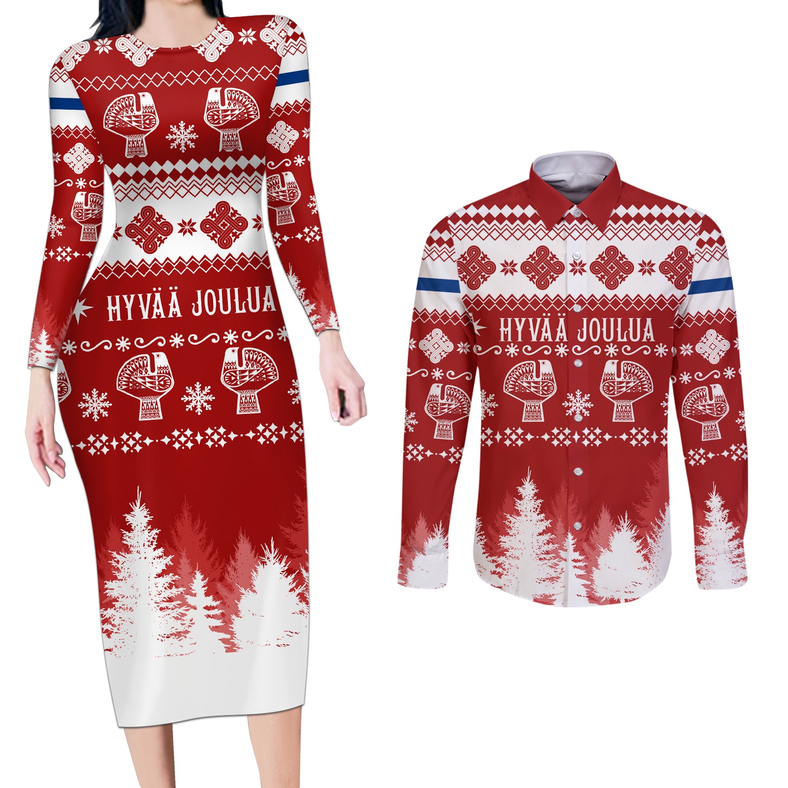 Finland Christmas Hannunvaakuna Tattoo Couples Matching Long Sleeve Bodycon Dress and Long Sleeve Button Shirt Hyvaa Joulua - Red LT7 - Wonder Print Shop