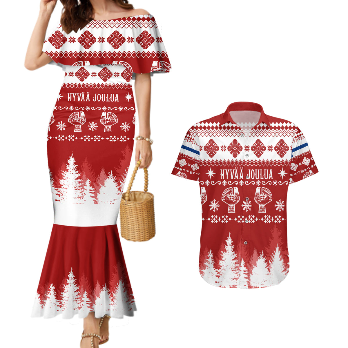 Finland Christmas Hannunvaakuna Tattoo Couples Matching Mermaid Dress and Hawaiian Shirt Hyvaa Joulua - Red LT7 - Wonder Print Shop