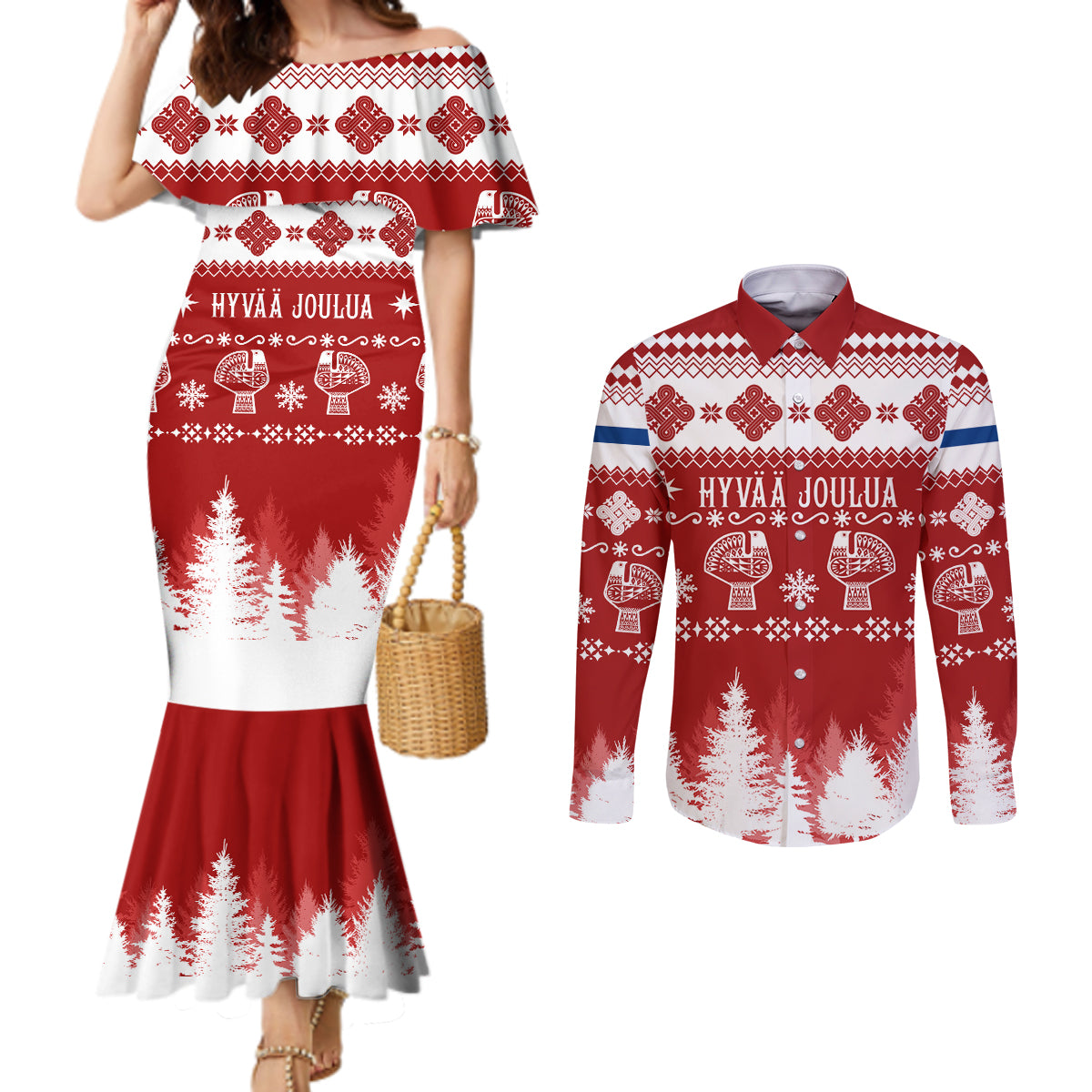 finland-christmas-hannunvaakuna-tattoo-couples-matching-mermaid-dress-and-long-sleeve-button-shirt-hyvaa-joulua-red