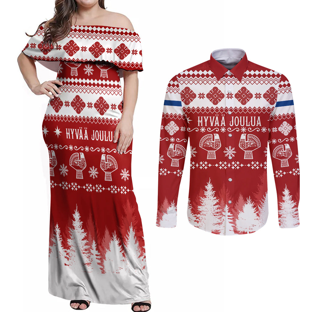 Finland Christmas Hannunvaakuna Tattoo Couples Matching Off Shoulder Maxi Dress and Long Sleeve Button Shirt Hyvaa Joulua - Red LT7 - Wonder Print Shop