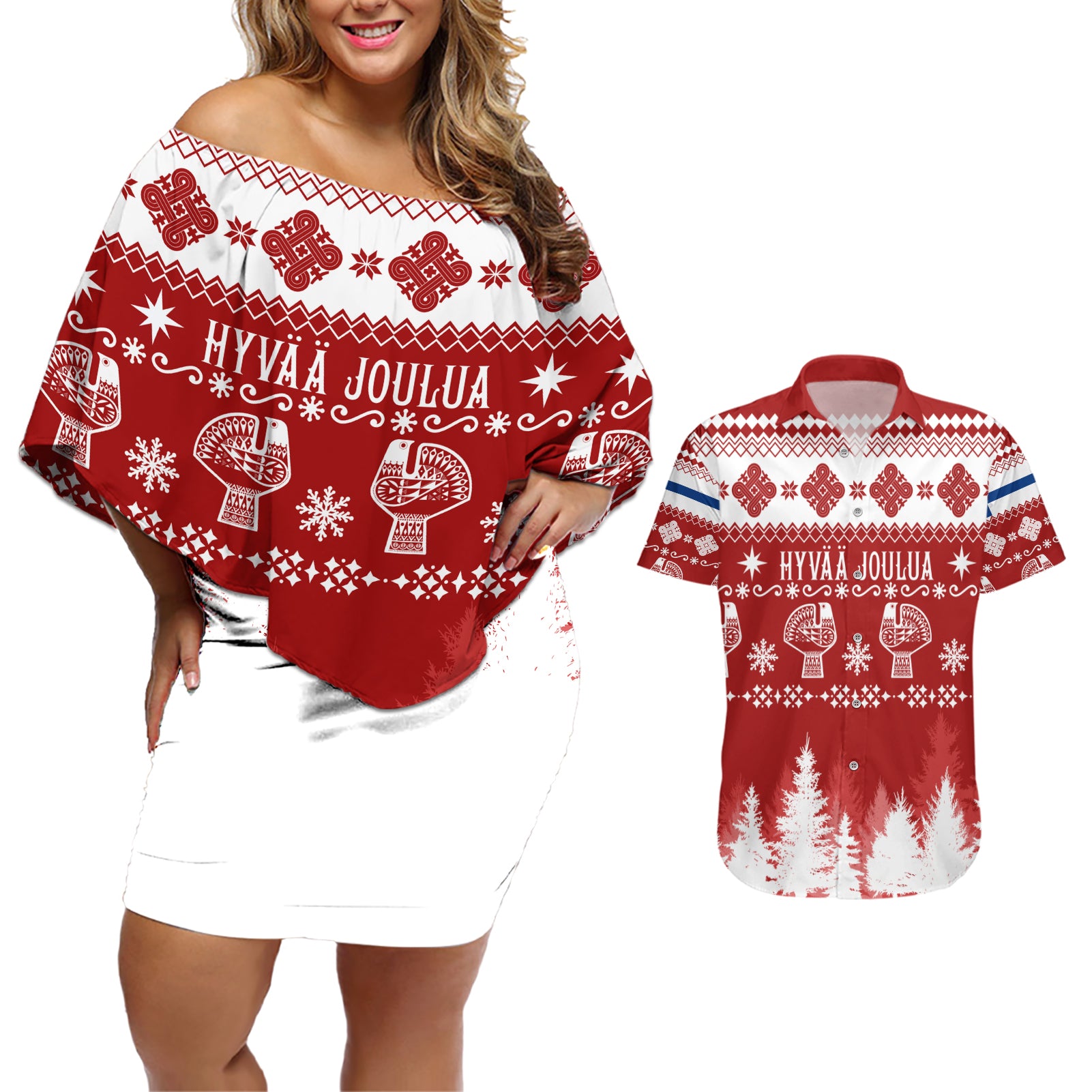 Finland Christmas Hannunvaakuna Tattoo Couples Matching Off Shoulder Short Dress and Hawaiian Shirt Hyvaa Joulua - Red LT7 - Wonder Print Shop