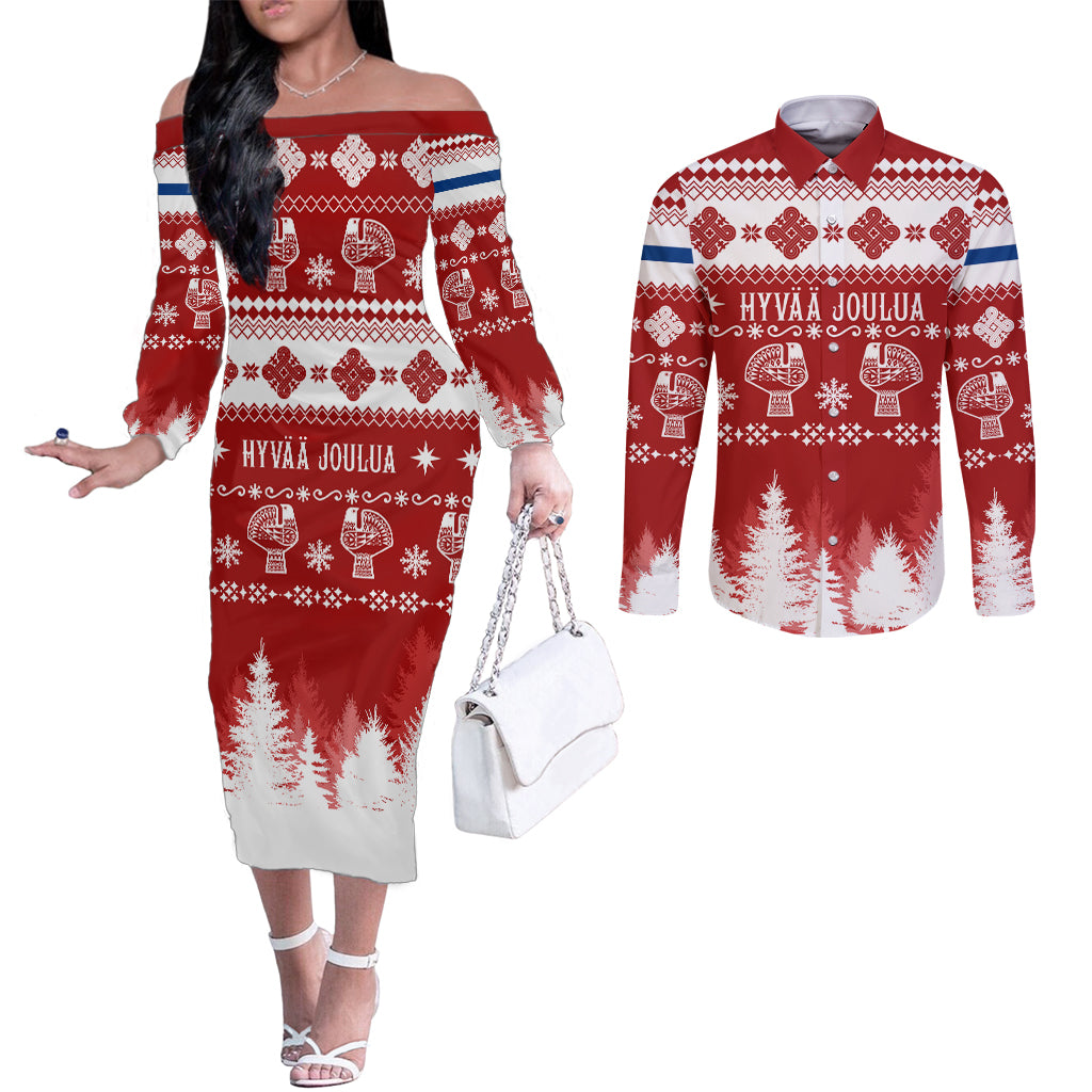 finland-christmas-hannunvaakuna-tattoo-couples-matching-off-the-shoulder-long-sleeve-dress-and-long-sleeve-button-shirt-hyvaa-joulua-red