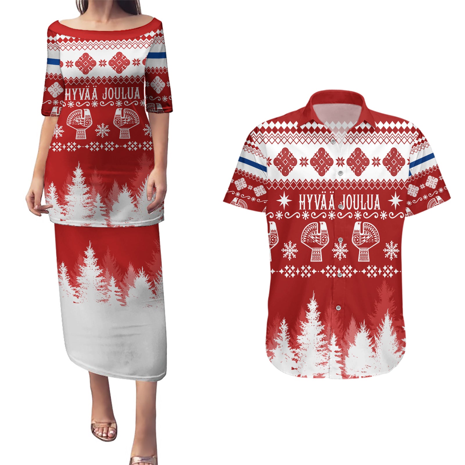 Finland Christmas Hannunvaakuna Tattoo Couples Matching Puletasi Dress and Hawaiian Shirt Hyvaa Joulua - Red LT7 - Wonder Print Shop