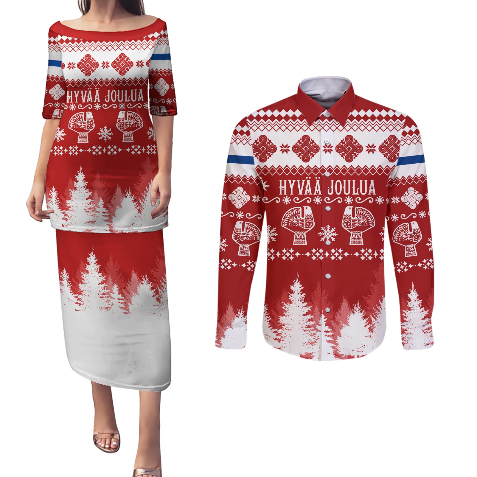 Finland Christmas Hannunvaakuna Tattoo Couples Matching Puletasi Dress and Long Sleeve Button Shirt Hyvaa Joulua - Red LT7 - Wonder Print Shop