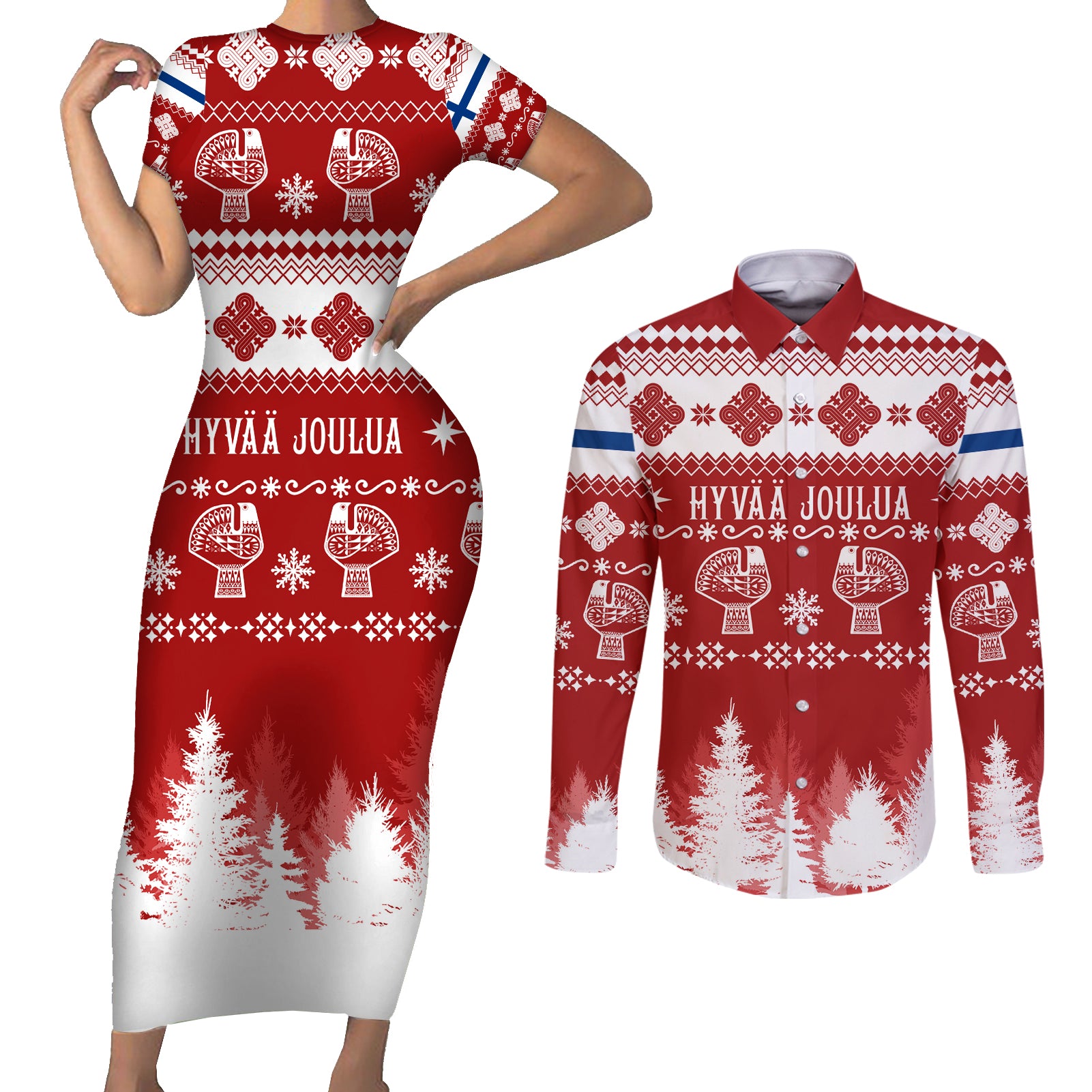 Finland Christmas Hannunvaakuna Tattoo Couples Matching Short Sleeve Bodycon Dress and Long Sleeve Button Shirt Hyvaa Joulua - Red LT7 - Wonder Print Shop