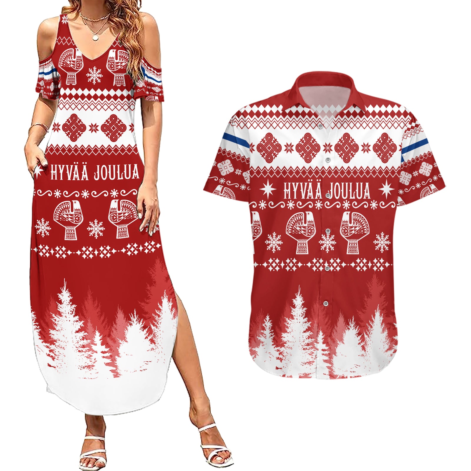 Finland Christmas Hannunvaakuna Tattoo Couples Matching Summer Maxi Dress and Hawaiian Shirt Hyvaa Joulua - Red LT7 - Wonder Print Shop