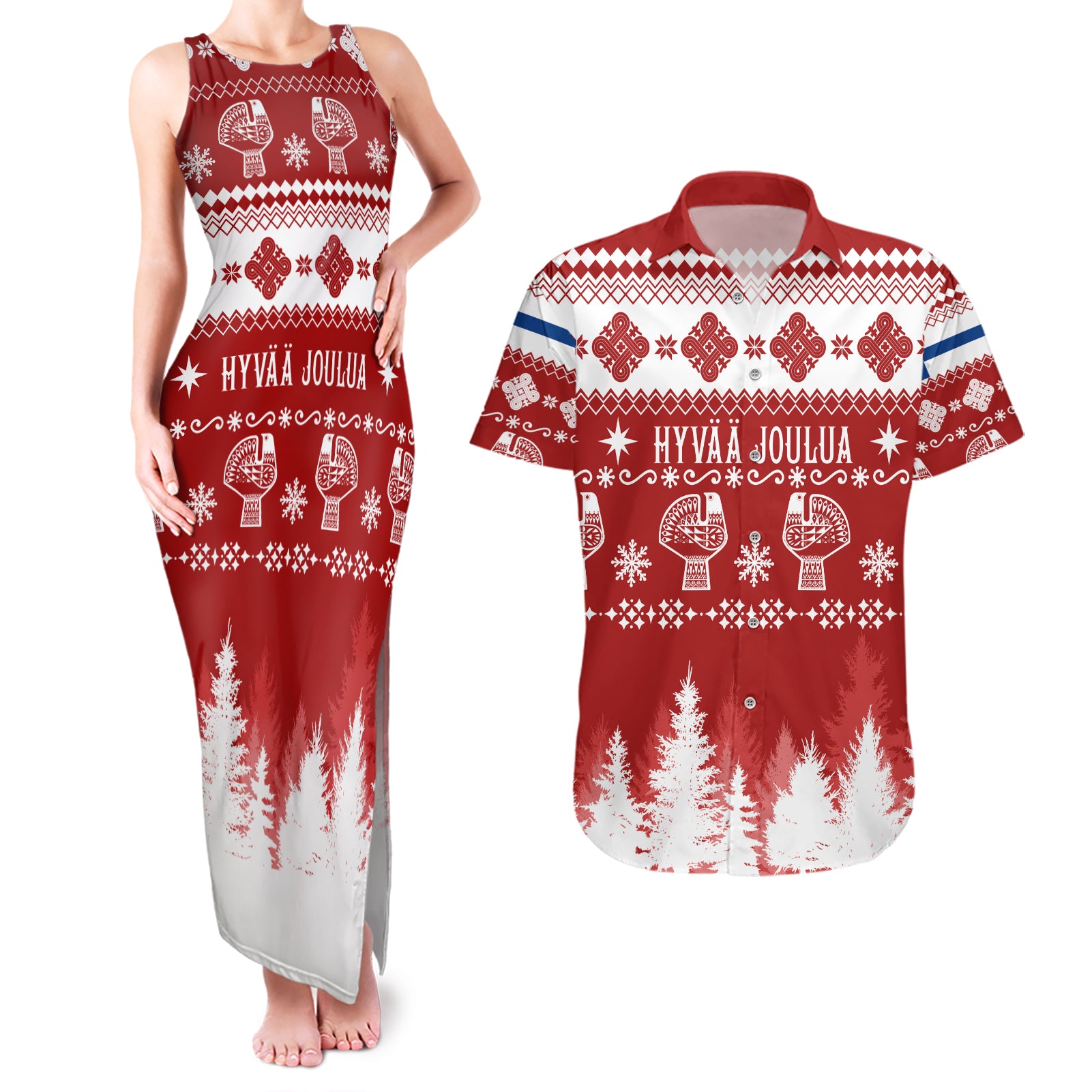 Finland Christmas Hannunvaakuna Tattoo Couples Matching Tank Maxi Dress and Hawaiian Shirt Hyvaa Joulua - Red LT7 - Wonder Print Shop