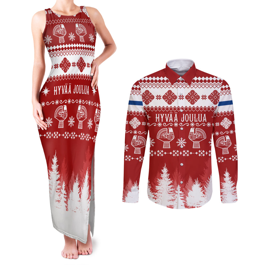 Finland Christmas Hannunvaakuna Tattoo Couples Matching Tank Maxi Dress and Long Sleeve Button Shirt Hyvaa Joulua - Red LT7 - Wonder Print Shop