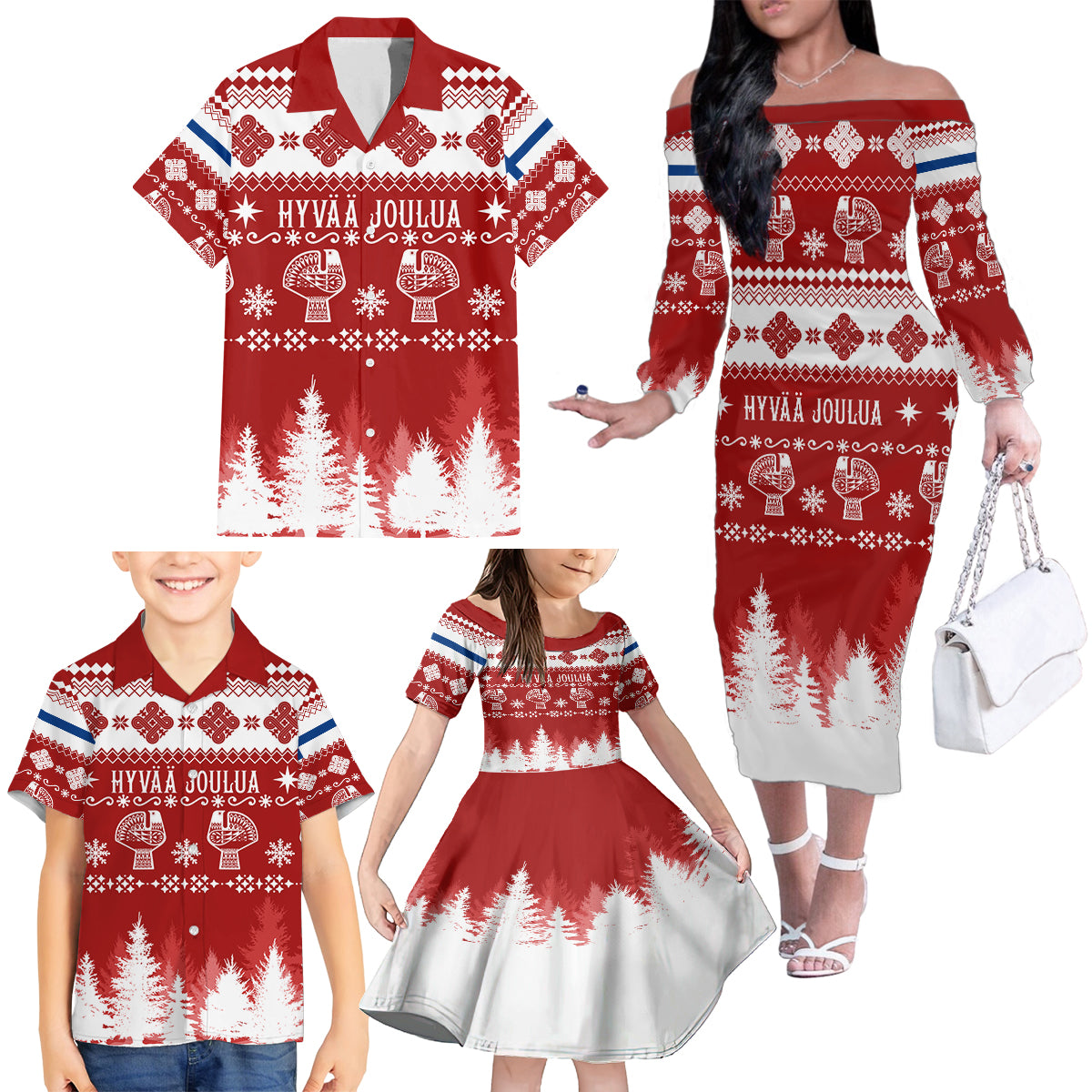 Finland Christmas Hannunvaakuna Tattoo Family Matching Off Shoulder Long Sleeve Dress and Hawaiian Shirt Hyvaa Joulua - Red - Wonder Print Shop