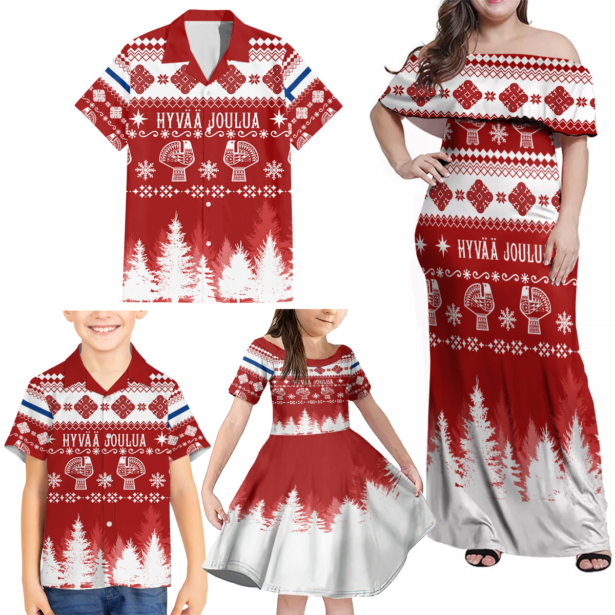 Finland Christmas Hannunvaakuna Tattoo Family Matching Off Shoulder Maxi Dress and Hawaiian Shirt Hyvaa Joulua - Red LT7 - Wonder Print Shop