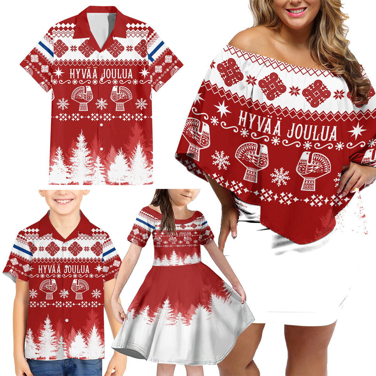 Finland Christmas Hannunvaakuna Tattoo Family Matching Off Shoulder Short Dress and Hawaiian Shirt Hyvaa Joulua - Red LT7 - Wonder Print Shop