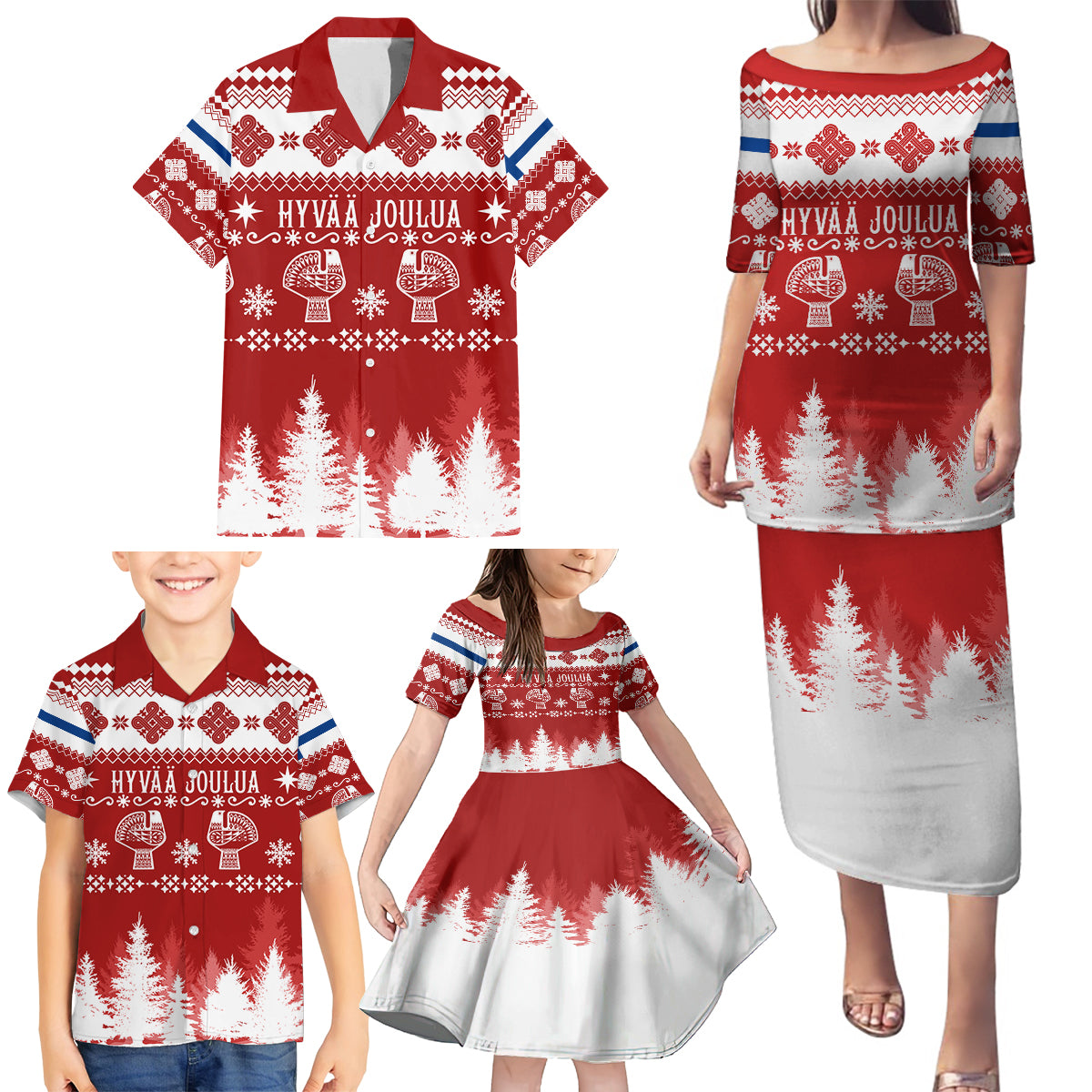 Finland Christmas Hannunvaakuna Tattoo Family Matching Puletasi Dress and Hawaiian Shirt Hyvaa Joulua - Red - Wonder Print Shop