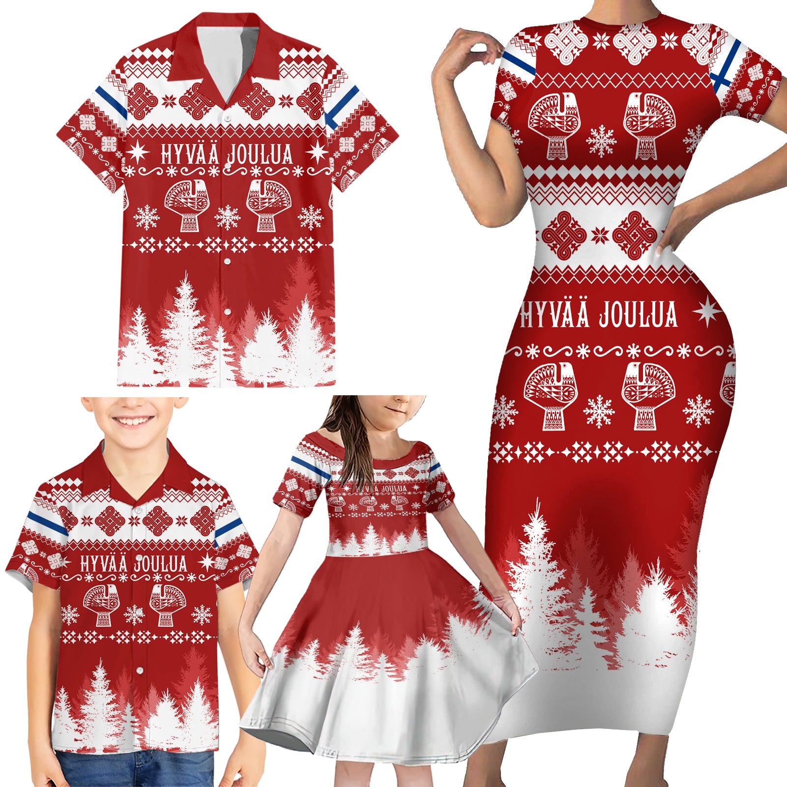 Finland Christmas Hannunvaakuna Tattoo Family Matching Short Sleeve Bodycon Dress and Hawaiian Shirt Hyvaa Joulua - Red - Wonder Print Shop