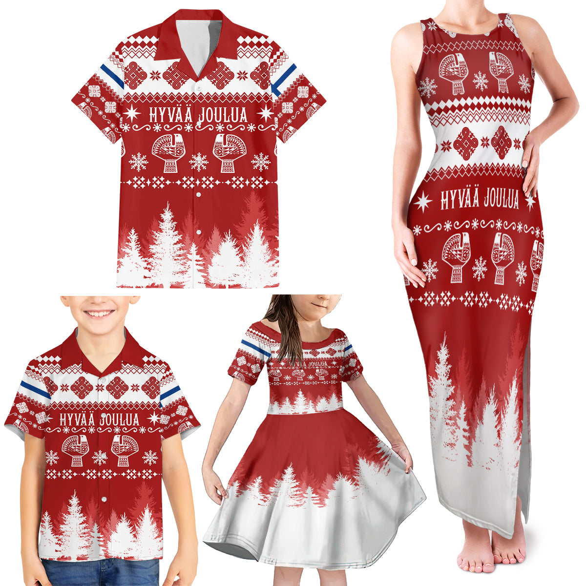 Finland Christmas Hannunvaakuna Tattoo Family Matching Tank Maxi Dress and Hawaiian Shirt Hyvaa Joulua - Red - Wonder Print Shop