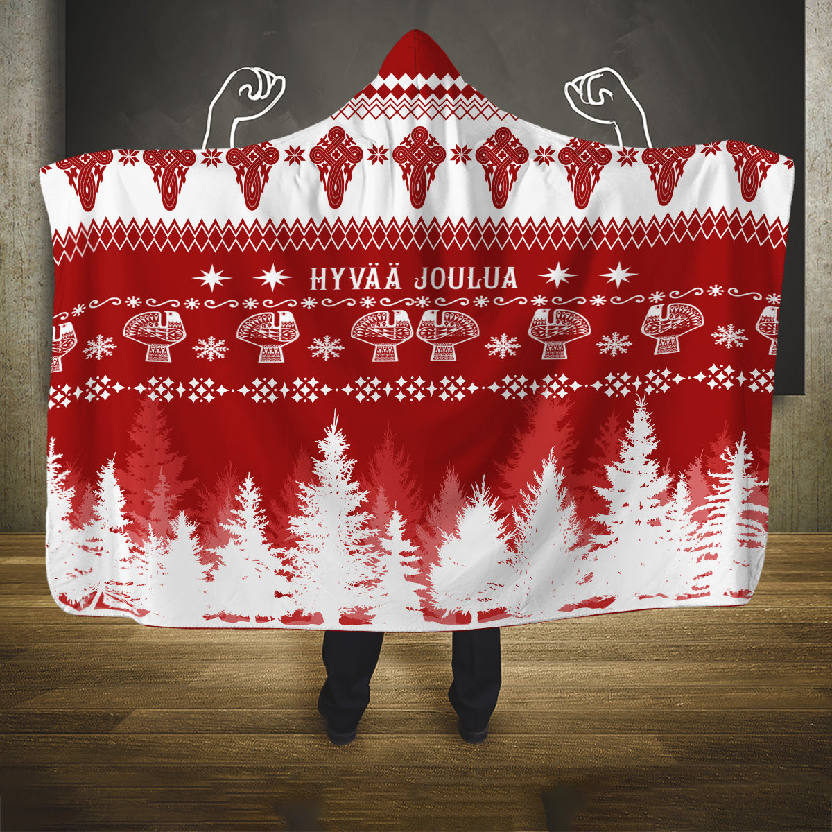 finland-christmas-hannunvaakuna-tattoo-hooded-blanket-hyvaa-joulua-red