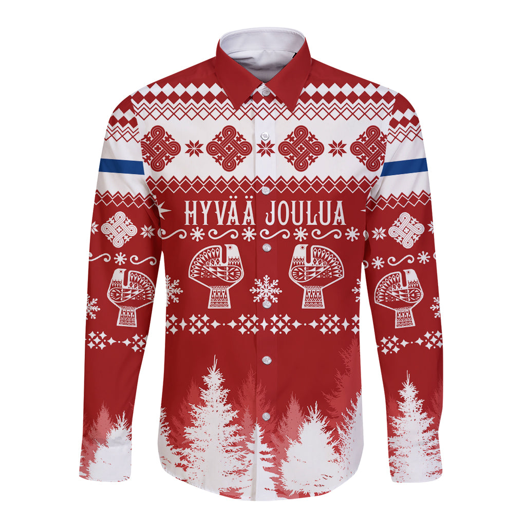 Red long-sleeve button shirt with front holiday graphic and striped yoke
