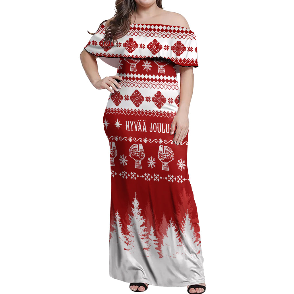 Finland Christmas Hannunvaakuna Tattoo Off Shoulder Maxi Dress Hyvaa Joulua - Red - Wonder Print Shop