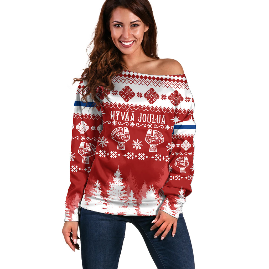 Finland Christmas Hannunvaakuna Tattoo Off Shoulder Sweater Hyvaa Joulua - Red - Wonder Print Shop