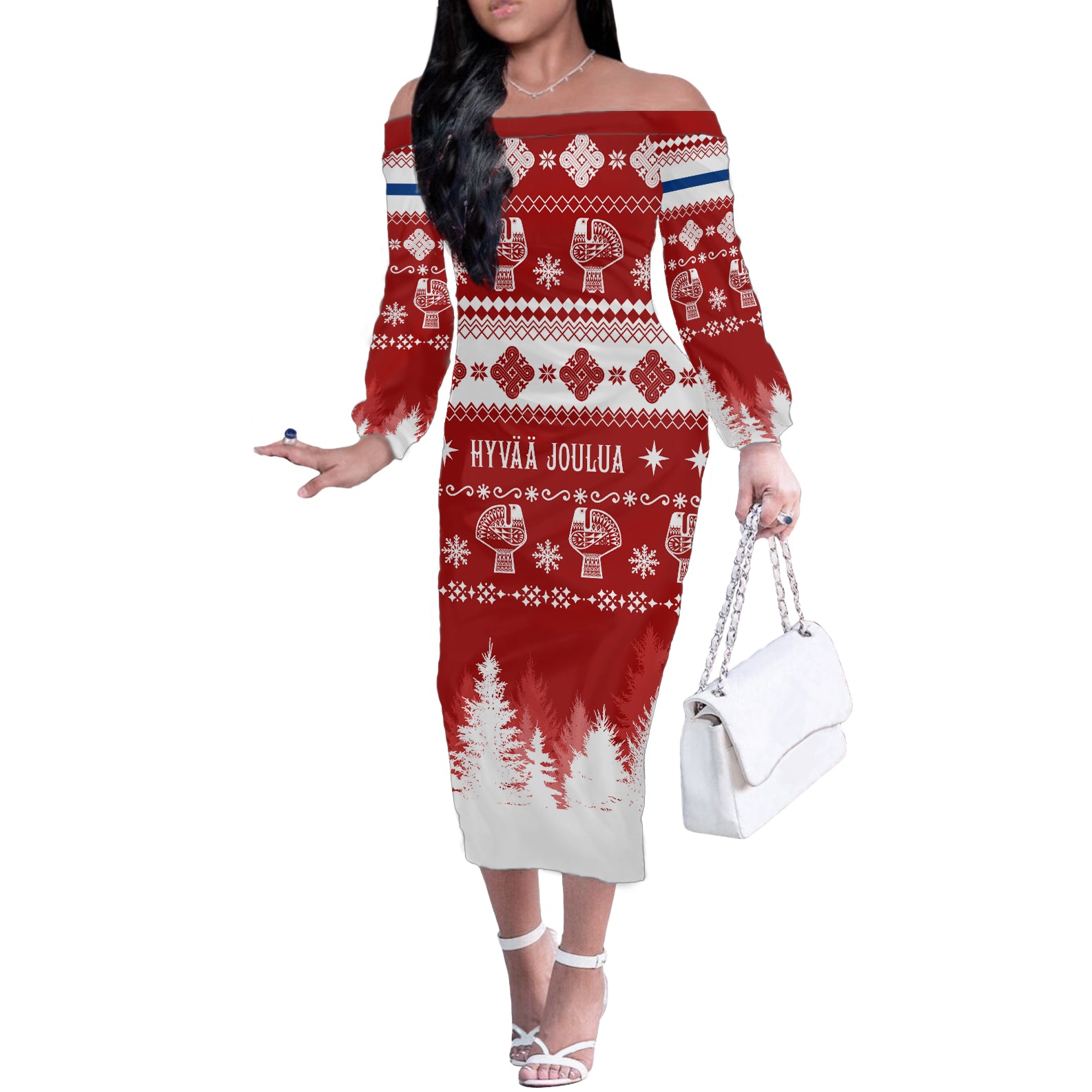 Finland Christmas Hannunvaakuna Tattoo Off The Shoulder Long Sleeve Dress Hyvaa Joulua - Red - Wonder Print Shop