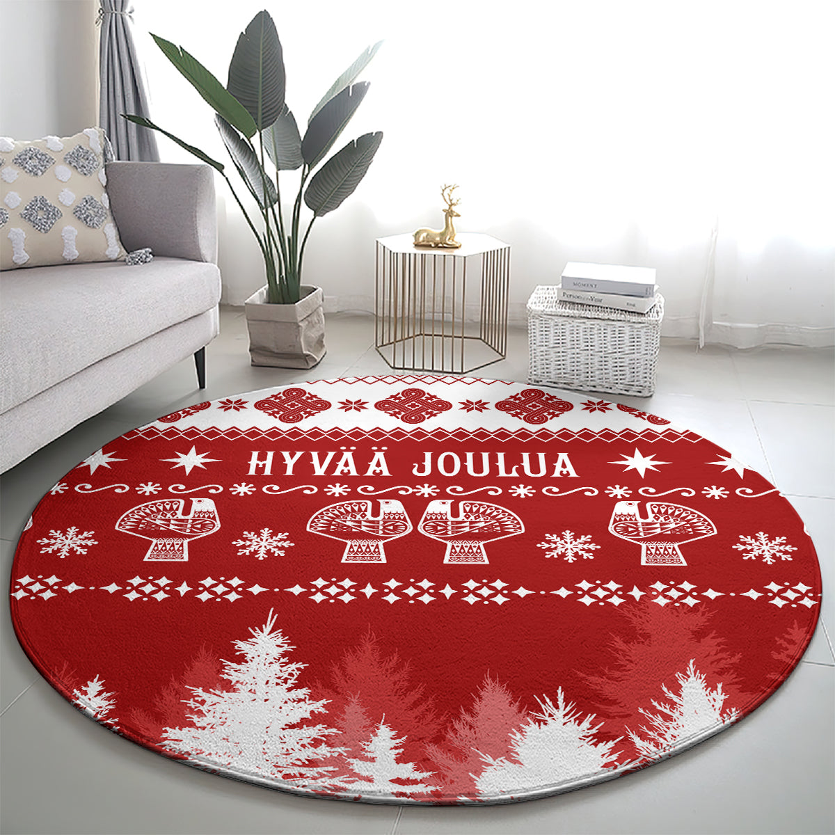 Round red Christmas rug with white holiday motifs and tree border