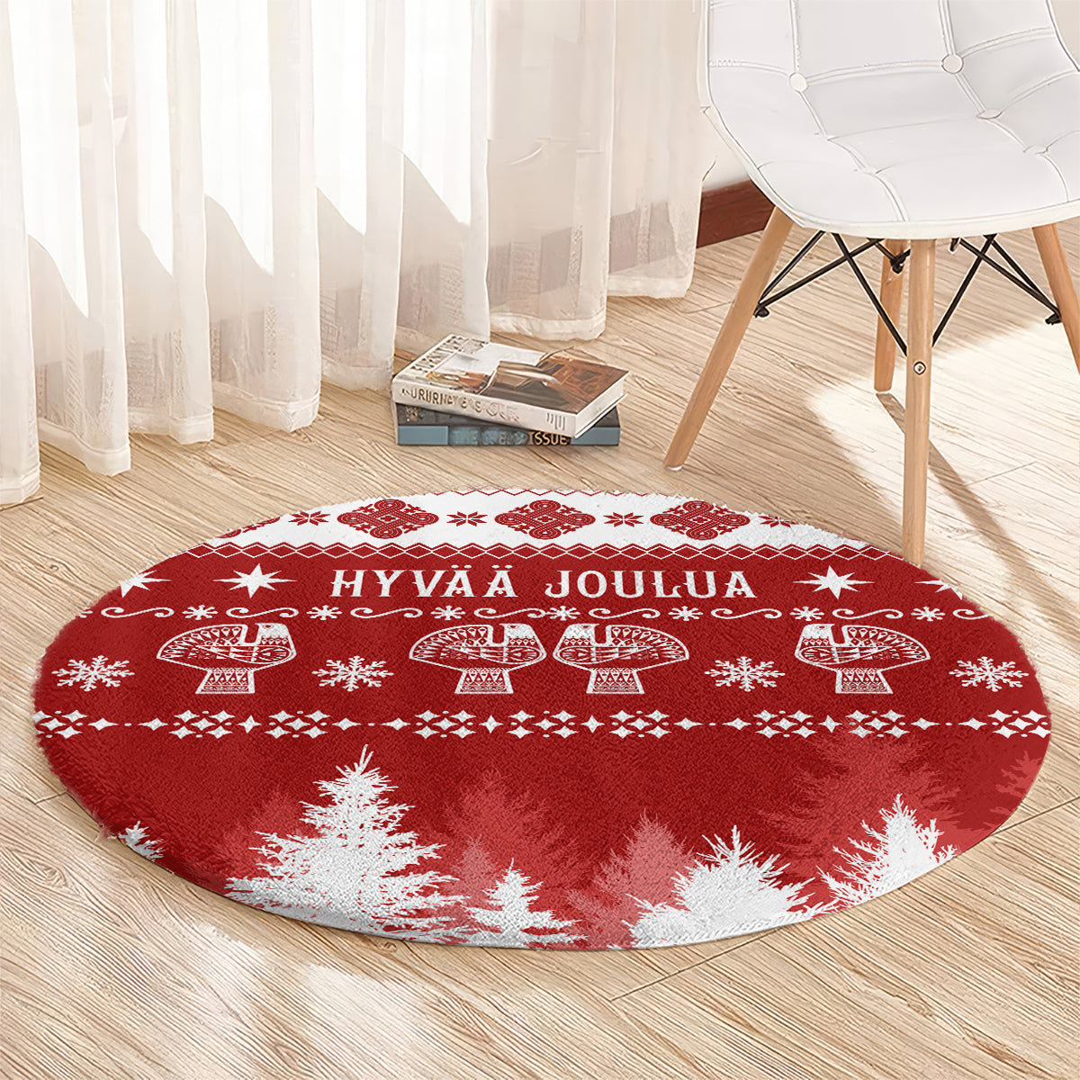 Round red Christmas carpet with Hyvää Joulua text and white folk-style pattern