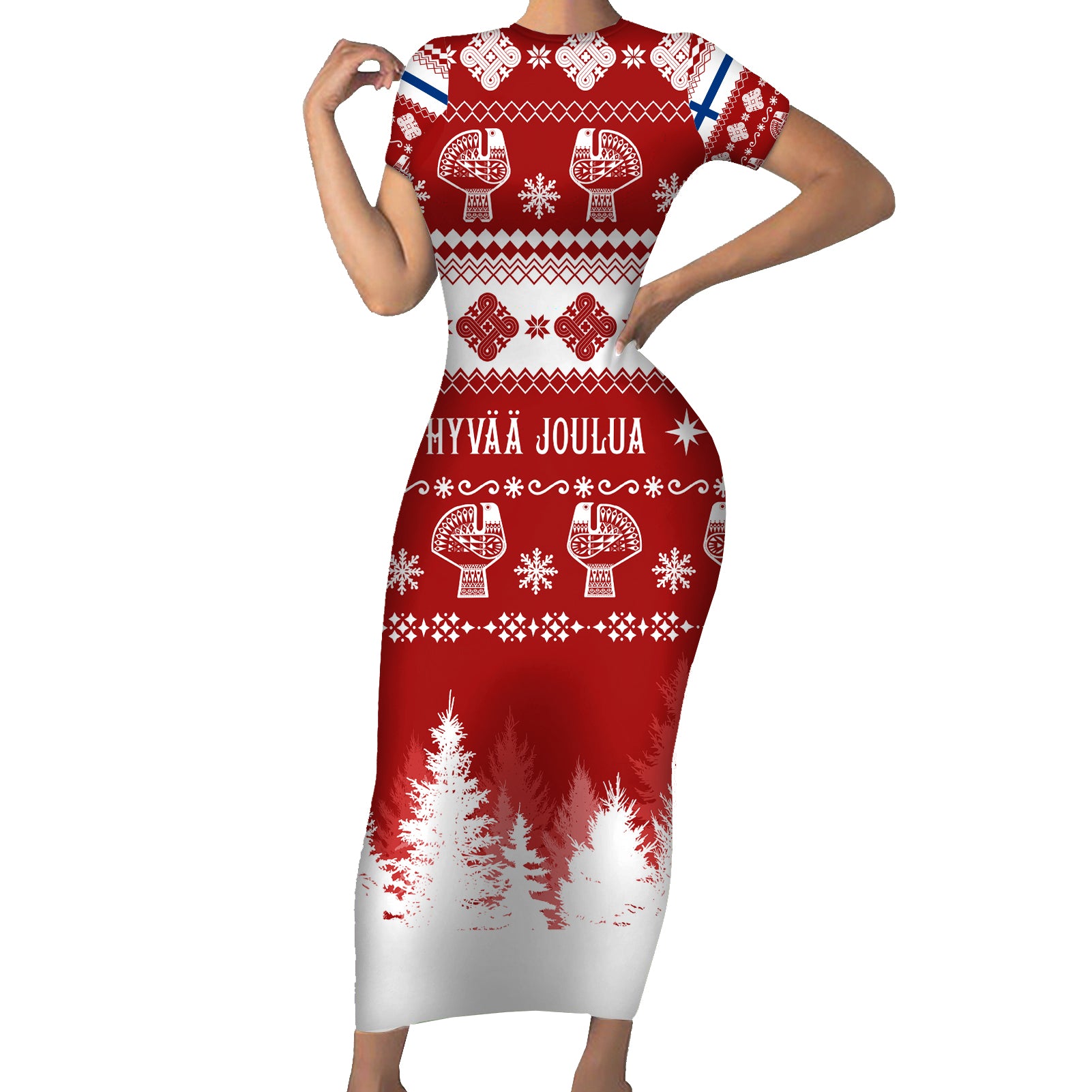 finland-christmas-hannunvaakuna-tattoo-short-sleeve-bodycon-dress-hyvaa-joulua-red