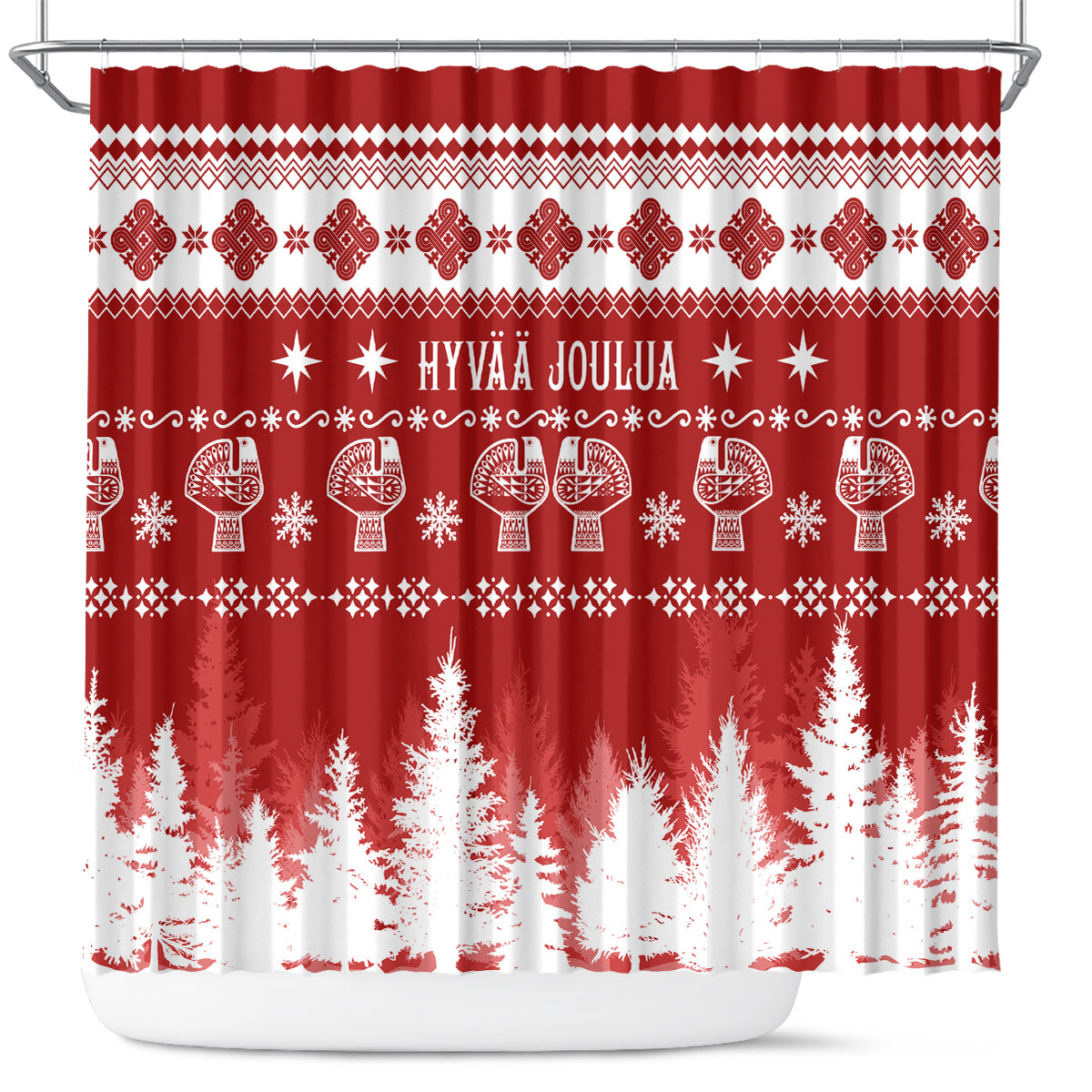 finland-christmas-hannunvaakuna-tattoo-shower-curtain-hyvaa-joulua-red