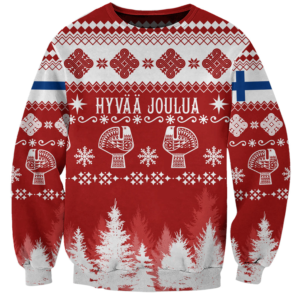 Red unisex Christmas sweatshirt, Nordic pattern with 'Hyvaa Joulua' front print