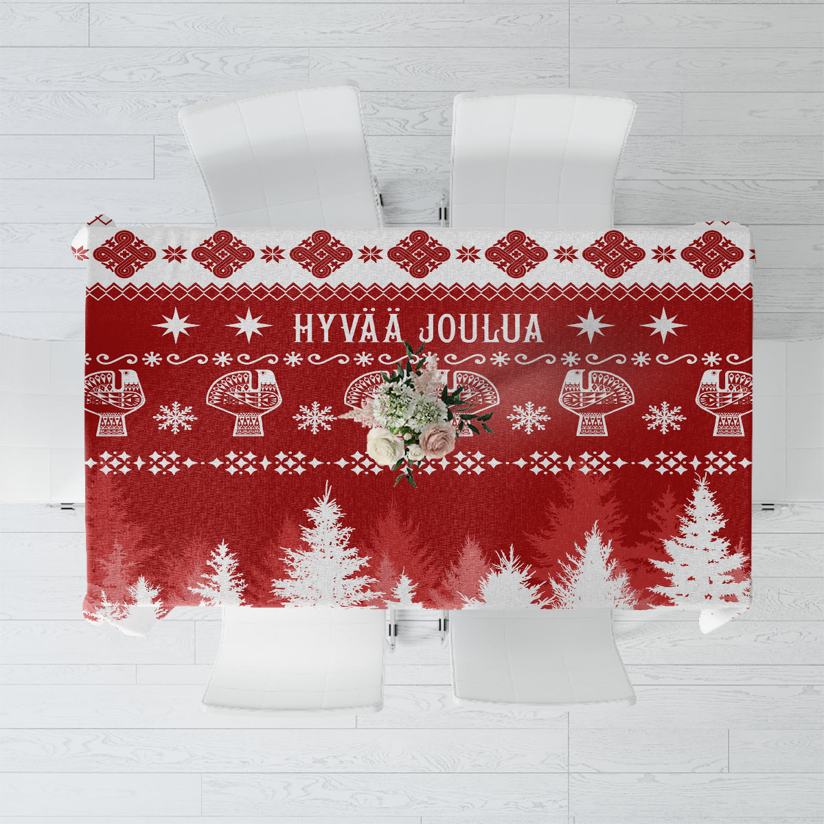 Red and white Christmas tablecloth with 'Hyvaa Joulua' festive pattern