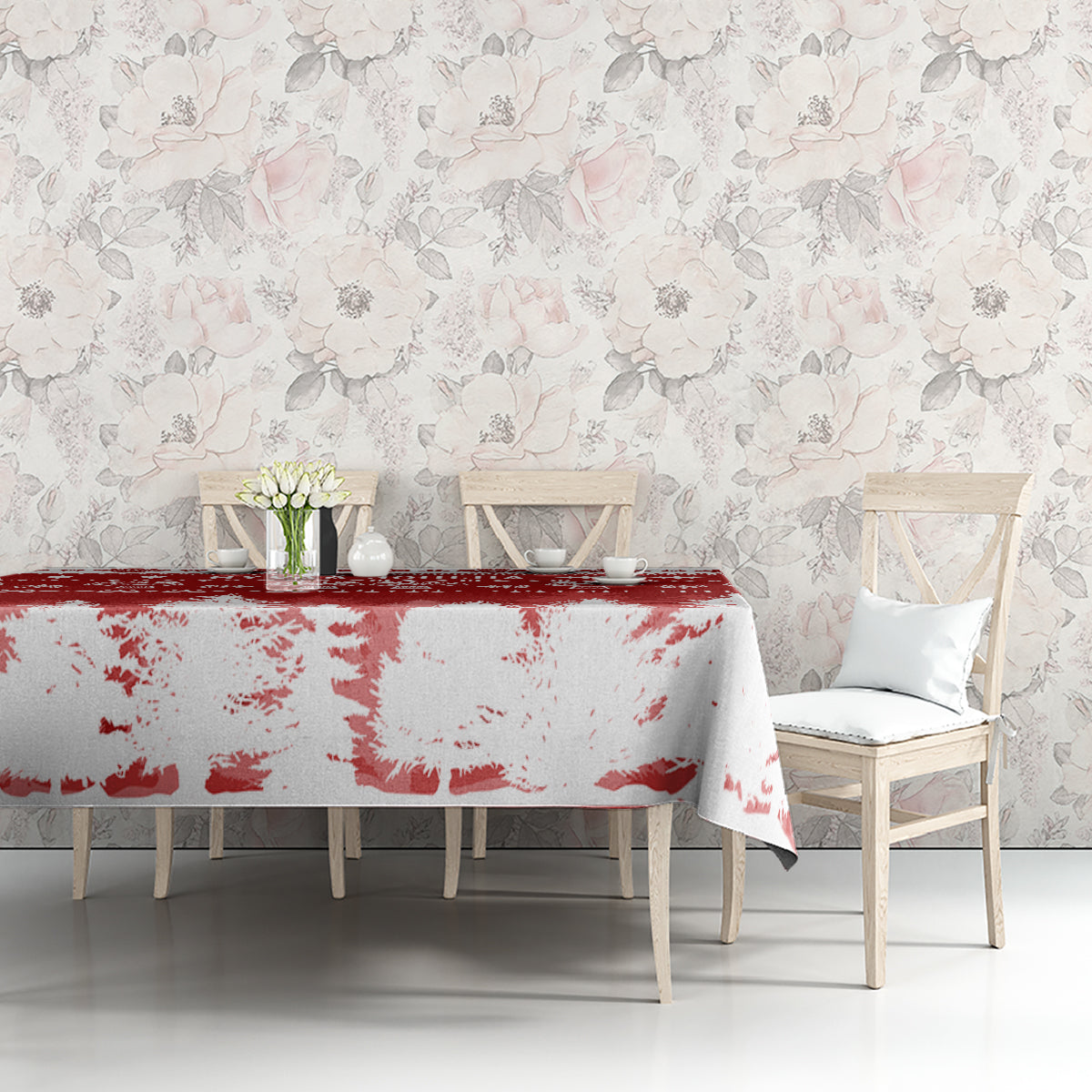 Red and white Christmas tablecloth on table, mottled snowflake and tree print