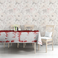 Red and white Christmas tablecloth on table, mottled snowflake and tree print