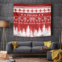 Red Christmas tapestry with Hannunvaakuna pattern, Hyvaa Joulua text, and white forest print