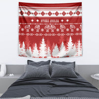 Red Christmas tapestry with Finnish pattern, text, and tree border