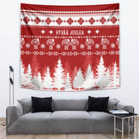 Red Christmas tapestry with Finnish pattern and pine trees