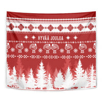 Red Christmas tapestry with Hannunvaakuna pattern and Hyvää Joulua text